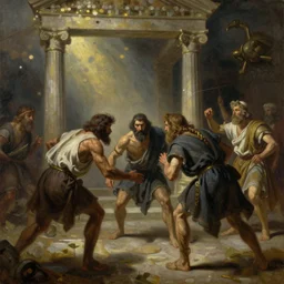 a beautiful oil painting of thieves in the temple, bokeh, in the style of delphin enjolras, ultrarealistic, dynamic lighting, artstation, hyper realism.