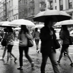 multiple people walking in the city with umbrellas by richard avedon. street photography. black and white. ilford delta. long exposure, motion blur.
