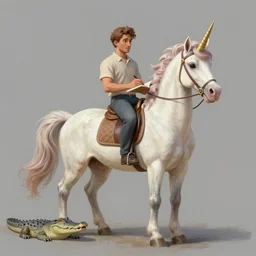 a digital painting of a unicorn writing an alligator like a man rides a horse, studio cgi, unreal engine 5