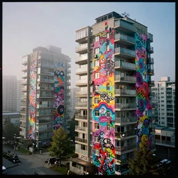 Macro photograph of Orwellian apartment in Vancouver, dystopia, extreme detail, graffiti art style, vibrant colors, realism, cinematic, misty, 35mm film grain