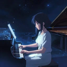 a woman sitting at a piano in the middle of the night, water, digital art by makoto shinkai, featured on pixiv, space art, official art, anime aesthetic, luminescence