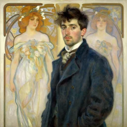 attractive male, painting by gaston bussiere, claude monet, alphonse mucha, carl larsson