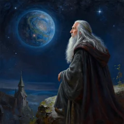 a beautiful painting of gandalf watching the night sky of an alien world, ray traced lighting by jean kalin popov and greg rutkowski