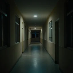 a school corridor at night, night time, after hours, low light