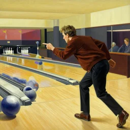 The Dude from the movie The big Lebowski playing bowling painted by Norman Rockwell