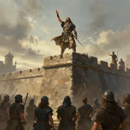 a chieftain on top of a rampart haranguing an army, cinematic concept art by craig mullins and ruan jia and raphael lacoste, trending on artstation