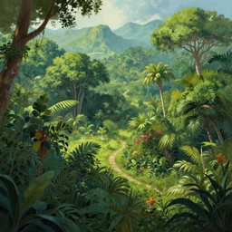 a landscape digital painting of a chaotic jungle where several different biomes and climates merge together
