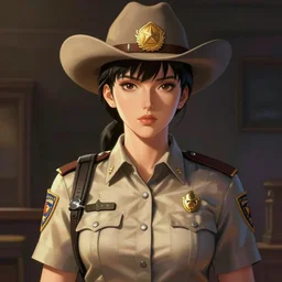 full size persona, female sheriff, global lighting, detail, ultra sharpness, beautiful female, detailed face, art by huyy nguyen, style by cain kuga, cowboy bebop art style