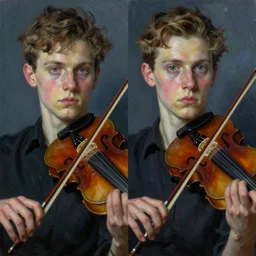 portrait of two young nervous violin players getting ready to perform, half figure front, vincent lefevre and pat steir and hilma af klint and james jean, psychological, photorealistic, symmetrical faces, intriguing eyes, rendered in octane, altermodern, masterpiece
