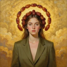 epic painting portrait photography beautiful goddess wearing olive blazer with golden glow background, drawing, intricate, sweet dried date fruits circle halo above head, symmetrical front, by amy leibowitz, wlop, jeremy lipkin, beeple, intricate, artgerm, ilya kuvshinov, golden clouds background, centered