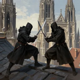2 cloaked thieves battling with daggers on a cathedral rooftop, renaissance, digital painting, artstation, sharp