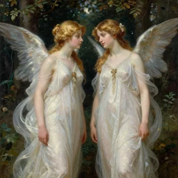 two beautiful dressed nymphs with gold hair in forest, oil painting, hyperrealistic, ultra detailed, 4 k, john waterhouse and john everett millais, classicism, raphaelites