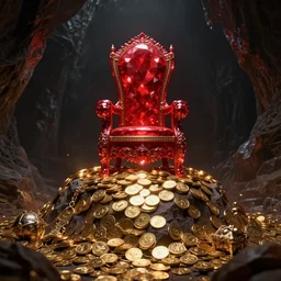 a red ruby throne atop a mountain of gold coins and treasure, glowing in a dark cavern, concept art, fantasy, realistic, 8k, moody, atmospheric, artstation award