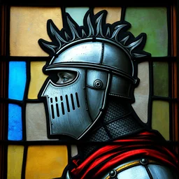 side - view portrait of a knight, helmet with spikes on top, visor in the style of a human cranium, tenth century stained glass window, very masterful