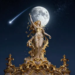 sky in a starry night with glowing meteor showers, ascension of a woman decomposing and dissolving into moon, dark - blue black gold beige saturated, ornate baroque rococo art nouveau intricate detail, 3 d specular lighting, cinematic, no blur, no bokeh, no depth of field, uplight