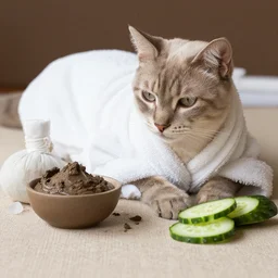 a cat at the spa, robes, crystals, mud, cucumber