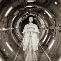 photo of beautiful sexy  Chinese ancient princess standing in the tunel in the space ship segment, futuristic space ship interrior, wires with lights, vintage old photo, black and white, sepia