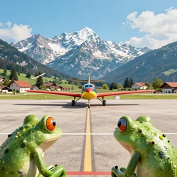 a ultra photorealistic and sharp film still of an a sunny and colourful airfield in 1 9 1 6 in the middle of the bavarian alps, germany. wide shot, frog perspective, wes anderson, studio ghibli, pixar and disney animation, octane render, anime key art by greg rutkowski, dramatic lighting, award winning photography
