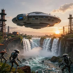 alien spacecraft hovering over beautiful pool waterfalls surrounded by alien robots, steel archways, industrial buildings, rusty metal towers, sun setting, ross tran, fantasy, james jean,, cinematic lighting, digital painting, octane render