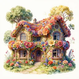 a hiper intricate watercolor of a beatifull organic house made from flowers, intricate, highly detailed, digital painting, artstation, concept art, extremely detailed, sharp focus, wide view, smooth, digital illustration, colorfull, by william turner art, by greg rutowski, by carl larson, by edmund dulac