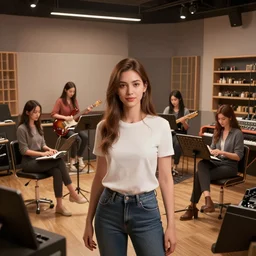 a music studio with a lot of women, hyperrealistic, realistic, 3d, 3-dimensional, multiverse, octane render, unreal engine 5 render, redshift render, super realistic render image, high quality, 4K FHD, 8K FHD,