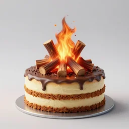 a birthday cake with a camp fire on top, photography, photorealistic, concept art, octane render, unreal engine 5, highly detailed, high quality, 8 k, soft lighting,
