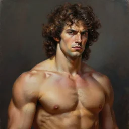 cosmic muscle god, brown curly hair, strong jawline, 8 k, detailed oil painting, matte painting,