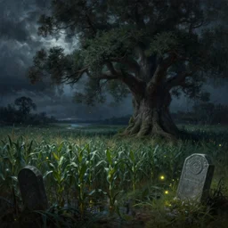 fantasy oil painting, a swamp, cornfield, big old stumpy tree, gravestone, night, dnd, spooky, stormclouds, fireflies, highly detailed, by jeff easley and larry elmore and tim hildebrandt, 4 k, 5 0 mm, unreal engine