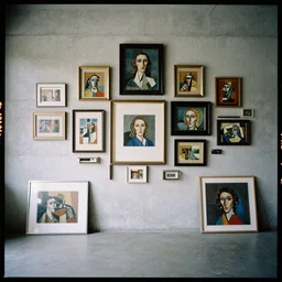 kodak portra 4 0 0, 8 k, wide flashlight shot of a highly detailed, britt marling style, colour still - life portrait of a large minimalistic room, rough concrete walls, full of square pictureframes and quadratic picasso paintings,