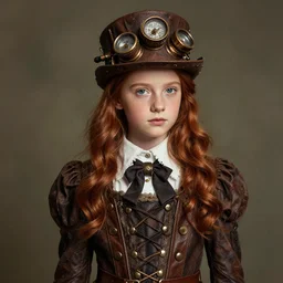 photograph of a ten year old girl in steampunk fashion by lilia alvarado, photo, steampunk, red hair, freckles
