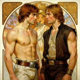 2 muscular attractive men, mark hamill, hayden christensen, star wars, painting by gaston bussiere, craig mullins, greg rutkowski, alphonse mucha
