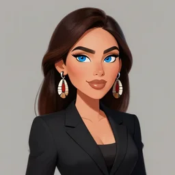 cartoon render painting of a strikingly gorgeous assiniboine and mandan woman with blue eyes and dark brown hair, wearing a modern black business suit, by rossdraws