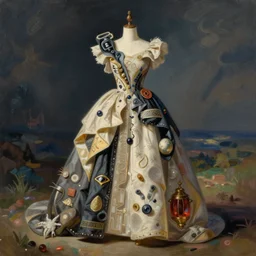 high fashion dress made of fabrics and items from another universe as painted by moebius and William Bradford