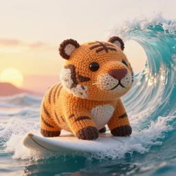 a closeup photorealistic photograph of a cute knitted tiger hippopotamus riding an epic wave during sunset. well textured. surf in the background. professional capture. brightly lit scene. this 4 k hd image is trending on artstation, featured on behance, well - rendered, extra crisp, features intricate detail, epic composition and the style of unreal engine.