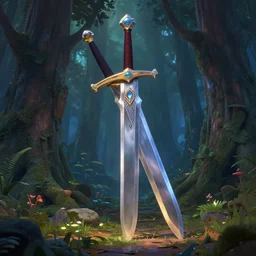 big magic sword in the fantasy forest, by pixar, disney, dark, albert bierstadt, 4 k, high detail