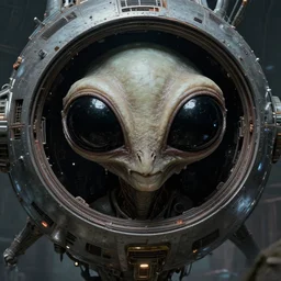 an alien with huge black eyes emerging from its spacecraft in the style of wayne barlowe | masterpiece | highly detailed | intricate | dark fantasy | sci - fi art