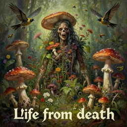 'Life from death' An aesthetic horror painting depicting 'A human slaughterhouse with plants and flowers and fungi growing inside it, birds and insects flying around' by DevianArt, Trending on cgsociety artstation, 8k, masterpiece, epic, award-winning, cinematic lighting, highly detailed, mushrooms, vibrant colors.