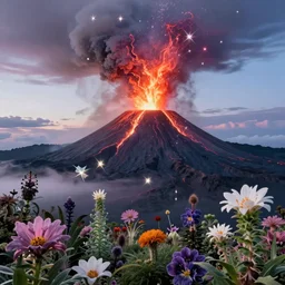 a volcanic eruption from which come out flowers and stars exotic plants, all this happens in some kind of fantasy world, almost like in the sky or all in the amazing outdoors view, long exposure, 8 k resolution, trending on artstation
