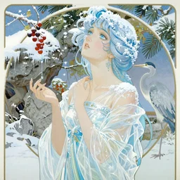 japanese art print of goddess of winter in a zen garden, by Peter Kemp, sad expression but upward gaze, ice blue eyes and light blue anime hair, glamorous hairstyle, frost clings to her skin, wearing translucent white and ice blue Enjolras fashion, lost in the moment, winter, art nouveau, ice clings to the rock garden by Brian Froud, frozen tear, berries, a heron, evergreen branches, white, ice blue, frost on the canvas, by Alphonse Mucha