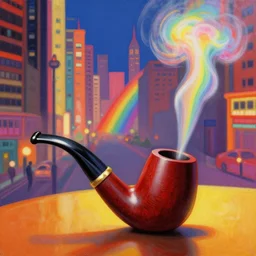 ! dream a picture of a tobacco pipe on a table, rainbow smoke, a detailed matte painting by mort kunstler, pixiv, kitsch movement, city background, movie poster, official art