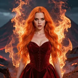 style artgerm, joshua middleton : : beautiful kristen bell with dark red dress, very long orange hair, symmetrical face, symmetrical eyes : : fire powers fire swirling : : [ detailed, volcano setting ] : : cinematic lighting
