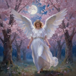 a beautiful painting of an angel in a cherry blossom forest, volumetric lighting, moonlit by greg rutkowski and kalin popov, trending on artstation, masterpiece,
