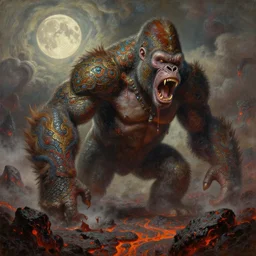 concept art of giant alien gorilla, lava rocks, renaissance, roaring, melting horror, round moon, rich clouds, fighting the horrors of the unknown, overgrown, very detailed, volumetric light, mist, fine art, decaying, textured oil over canvas, epic fantasy art, very colorful, ornate scales, marc simonetti