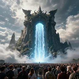 alvah angelrune water portal to hell located in heaven, photorealistic, crowd of people, rule of thirds, 4 k, dark bright effect, michelangelo, version 3