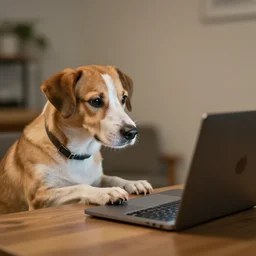 a dog using computer
