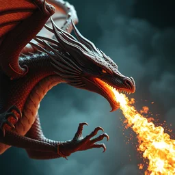 hyper realistic dragon breathing fire,
