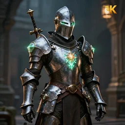 steam punk knight wearing magical glowing armor, shallow depth of field, moody lighting, 8 k,