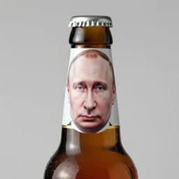 a beer bottle with putin's face on the paper cover.