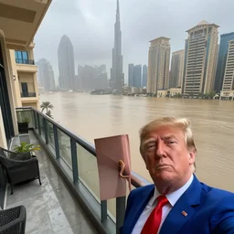 dubai completely flooded, aftermath of a tsunami, perspective from a balcony, donald trump selfie, 4k, photorealistic, octane