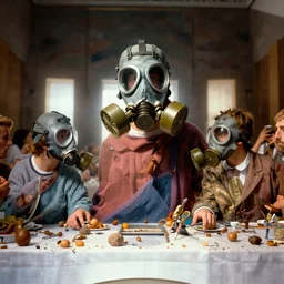 the last supper in gas masks, hyperrealistic, volumetric golden dappled dynamic lighting, highly detailed, sharp focus, by artgerm